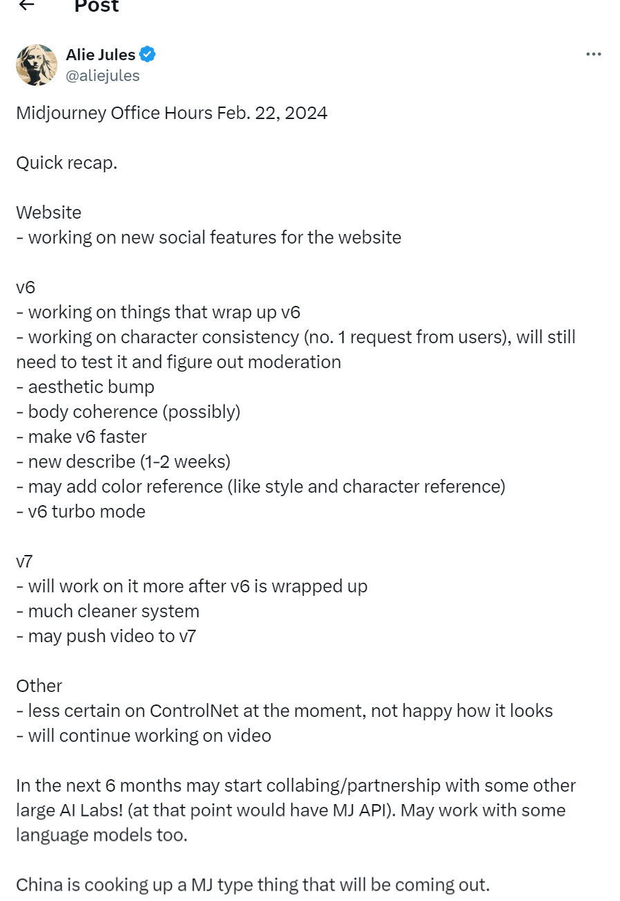 Midjourney V7将推出,可以生成视频(图1) Alie-Jules-on-X__Midjourney-Office-Hours-Feb-22-2024-Quick-recap-twitter.com.jpg