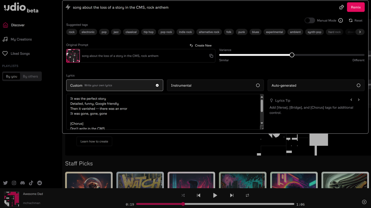 Udio更新:音频到音频、15分钟歌曲、wav 下载等(图1) Udio-remix-page.webp
