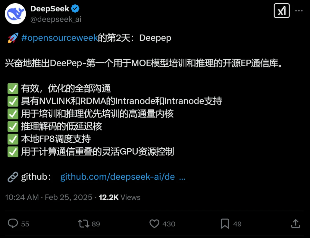 DeepSeek开源周第二天开源项目:Deepep(图1) DeepSeek开源了第2个项目:Deepep.webp